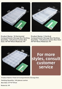 Macro shot of clear plastic organizer box with multiple compartments and size details
