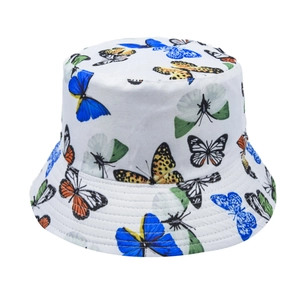 White butterfly pattern cotton bucket hat with colorful prints for outdoor summer wear