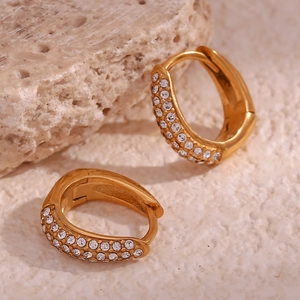Minimalist 18K gold plated pear shaped hoop earrings with micro paved crystals on rock