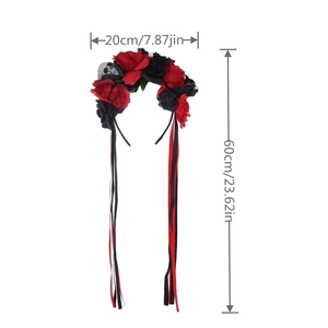 Halloween floral headband with red and black roses and skull detail with long ribbons