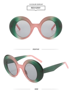 Detailed front and side views of round oversized sunglasses with pink-green gradient frames