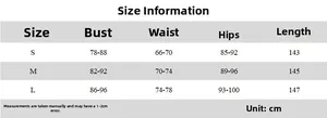 Detailed size guide table with bust waist and hip measurements for the evening dress