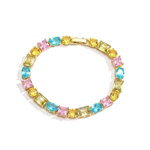 Colorful gemstone bracelet with gold plating featuring round and oval zircon stones
