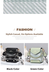 Close-up of diamond lattice quilted PU leather and wide lettered strap on crossbody bag