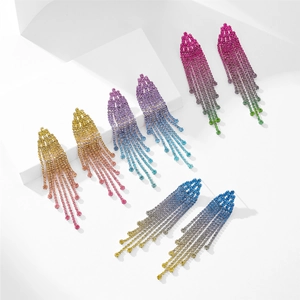 Five pairs of elegant gradient rhinestone long fringe earrings in various vibrant colors