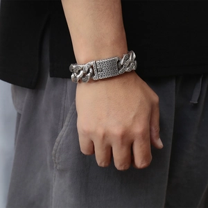 Mens vintage silver stainless steel heavy chain bracelet featuring Greek trident symbol