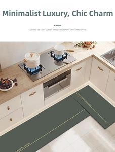 L-shaped dark green kitchen mat set with golden patterns on white wood floor