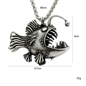 Vintage stainless steel anglerfish pendant necklace for men with 60cm box chain