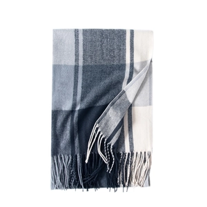Blue-gray plaid imitation cashmere scarf with tassels on a clean white background