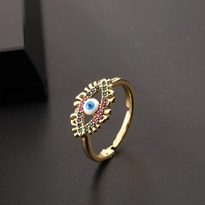 Golden evil eye adjustable open ring with colorful zircon and blue enamel details