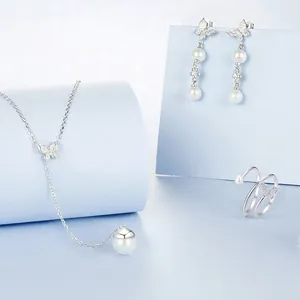 Elegant S925 sterling silver butterfly jewelry set with pearls including necklace and rings