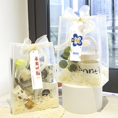 Gedetailleerd overzicht van doorzichtige PVC huwelijksgeschenktassen met witte linten.