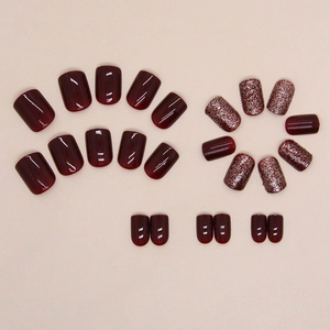 Burgundy glossy and glitter press-on nails set in short length for women