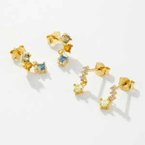 S925 sterling silver earrings with colorful gemstones and hanging chains for women