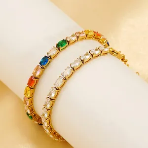 Bracelet Rivière Luxe Acier Inoxydable Plaqué Or 18K Zircone Cubique Ovale Multicolore Arc-en-Ciel Bijoux Élégants