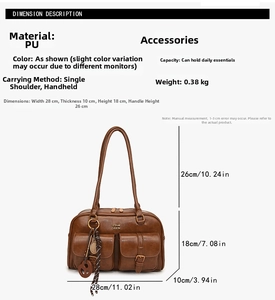 Detailed view of brown PU shoulder bag with dual buckle pockets and specific dimensions