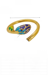 Detail of adjustable gold-plated stainless steel leaf ring with colorful enamel inlay