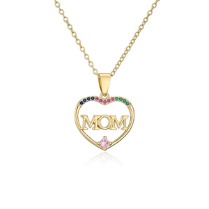 Detail of heart MOM pendant with colorful cubic zirconia in 18K gold plated copper