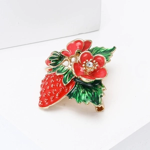Fashionable strawberry and flower alloy enamel brooch with sparkling crystal accent