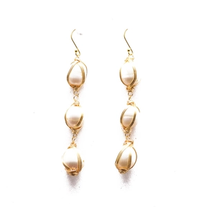 Elegant 925 silver drop earrings with triple natural freshwater pearls and gold wire wrap
