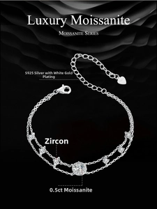 Detail of S925 silver double-layer bracelet with 0.5ct moissanite and heart charm
