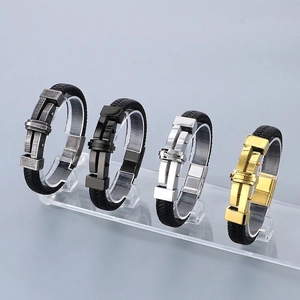 Men Braided Leather Bracelet With Stainless Steel Magnetic Clasp Geometric Cross Design Industrial Style Jewelry Gift