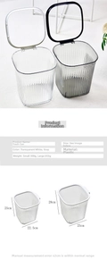 Size chart showing small and large striped transparent plastic bins with dimensions