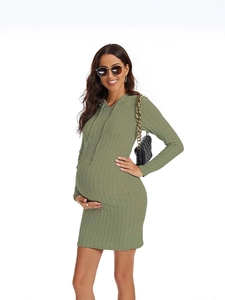 Olive green knit maternity dress with drawstring hood and long sleeves for women