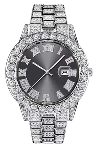 Macro shot of iced-out silver watch with crystal bezel and Roman numeral grey dial