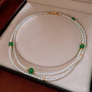 Double Layer Necklace For Women Elegant Vintage Faux Artificial Pearl With Green Agate Beads And Gold Tone Spacer Jewelry