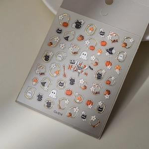 Detailed 3D embossed Halloween nail stickers featuring pumpkins, black cats and ghosts