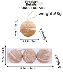 Dimensions détaillées du lot de 3 boules de Noël en jute avec dentelle blanche.