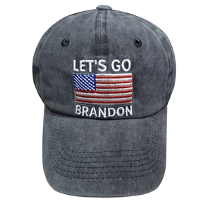 Washed dark gray baseball cap featuring Let's Go Brandon embroidery and American flag