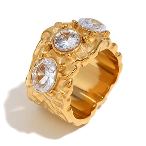 Chic 18K gold plated stainless steel irregular textured ring with three inlaid zircons