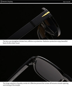 Macro shot of black acetate sunglasses frame featuring golden arrow hinge and CE mark