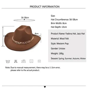 Dark brown wool jazz fedora hat with gold chain accent and 8cm wide flat brim