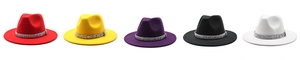 Row of wool fedora hats in five colors with patterned decorative bands on white background