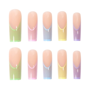 Rainbow gradient long french press-on nails in macaron colors and tapered square shape