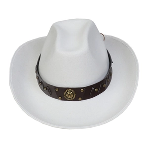 Detail of white felt cowboy hat with brown studded leather band and metal buckle