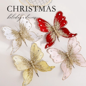 Christmas Butterfly Decorations Sparkling Glitter Rhinestones Velvet Artificial Butterflies For Tree Wreath Gift Box