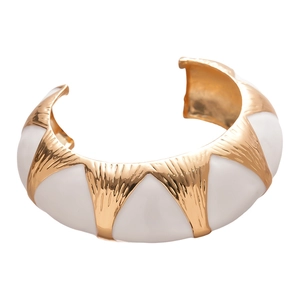 Retro wide C-shaped gold open bangle with white enamel inlay and radial textures