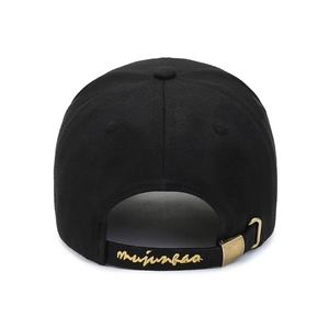 Rear view of black cotton baseball cap featuring adjustable strap with gold embroidery