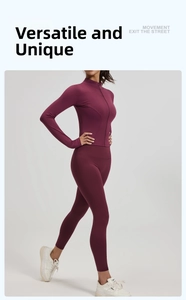 Detail view of burgundy slim-fit yoga set with stand collar zipper jacket and leggings