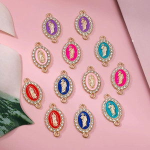 Alloy Enamel Virgin Mary Religious Oval Pendants With Rhinestone Double Loop Connectors For DIY Jewelry Making