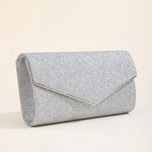 Elegante silberne Glitzer-Abendtasche in Umschlagform mit Metallrand für Galas