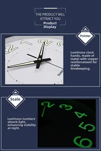 Detailed view of 12-inch quartz wall clock featuring luminous hands and glow-in-the-dark numbers