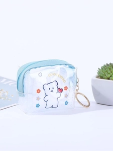 Cute light blue transparent PVC square coin purse with bear pattern and metal keychain