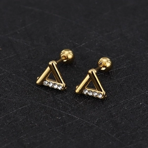 Triangle gold stud earrings with cubic zirconia and screw-back ball closure