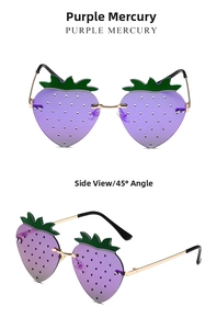 Detail of strawberry shaped frameless sunglasses with purple gradient lenses and green leaf decor