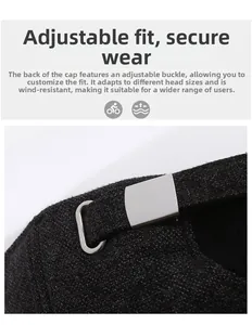 Detail of adjustable metal buckle and thick grey tweed fabric on back of baseball cap